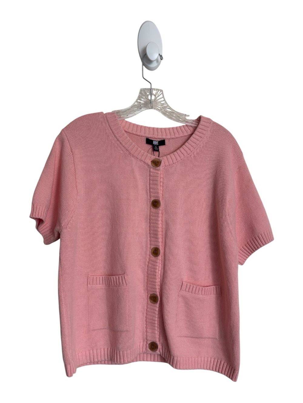 NWT FRYE Women’s Pink Sweater Cardigan Size XL Crew Neck Short Sleeve Pockets